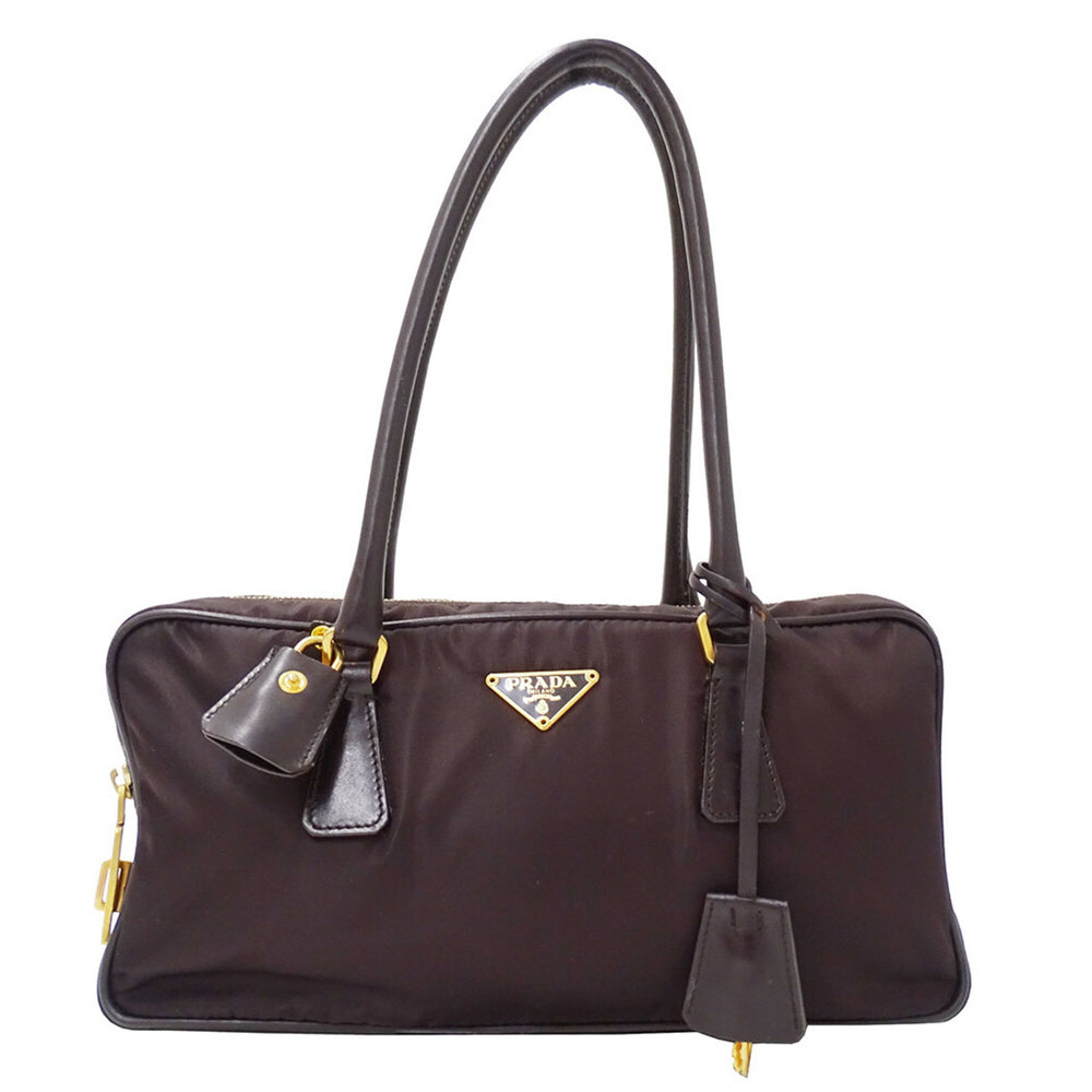 Prada handbag for women, brand name, nylon, dark brown.